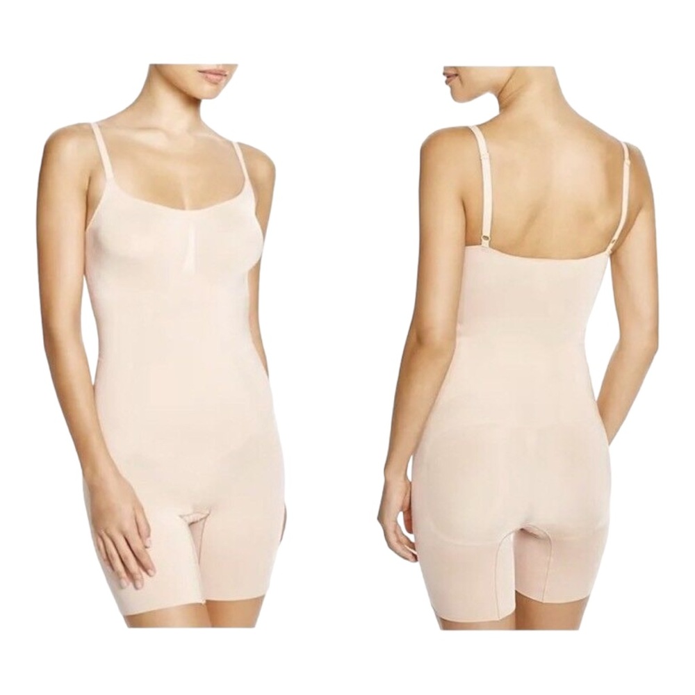 Spanx Oncore Mid-Thigh Bodysuit Rose Gold Size MEDIUM Nude Slimming Shaping
